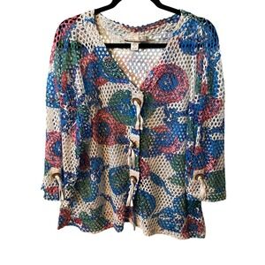 Mirror Image Abstract Floral Print Mesh Knit Lace Up Cardigan Sweater 1X